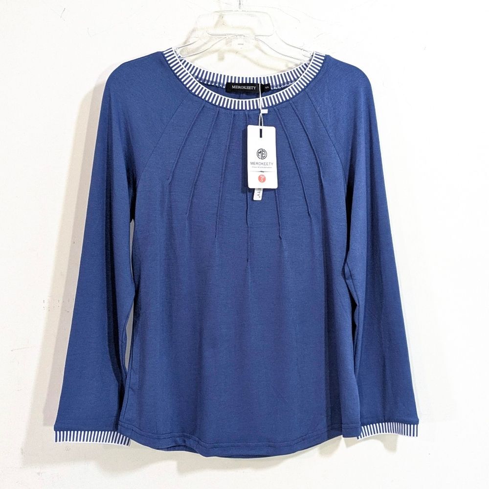 NEW Merokeety Soft & Stretchy Blue Blouse - Size Small Womens - Nautical Stripes
